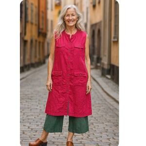 Gudrun Sjoden Pink Red Linen Boho Lagenlook Minimalist Sleeveless Shirt Dress L